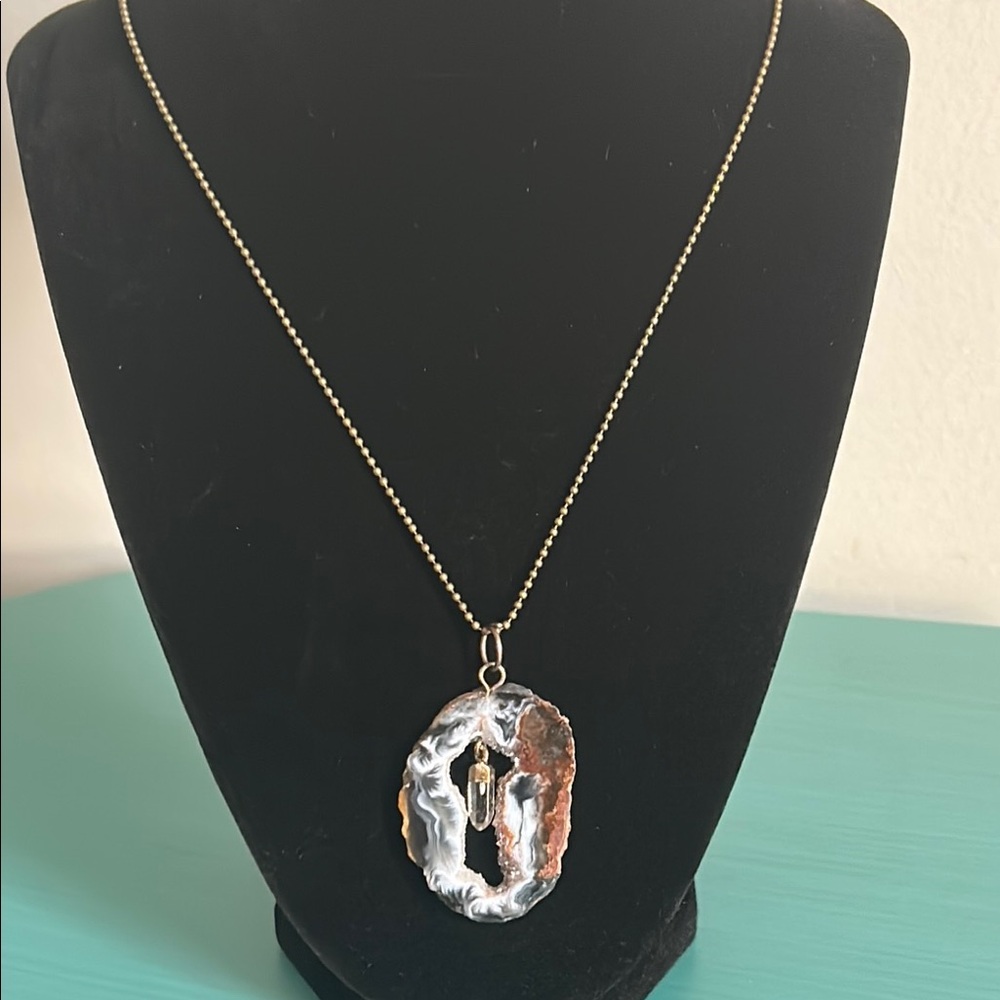 Sliced Orca Agate Geode Gemstone Pendant Necklace on 18” Ball Chain